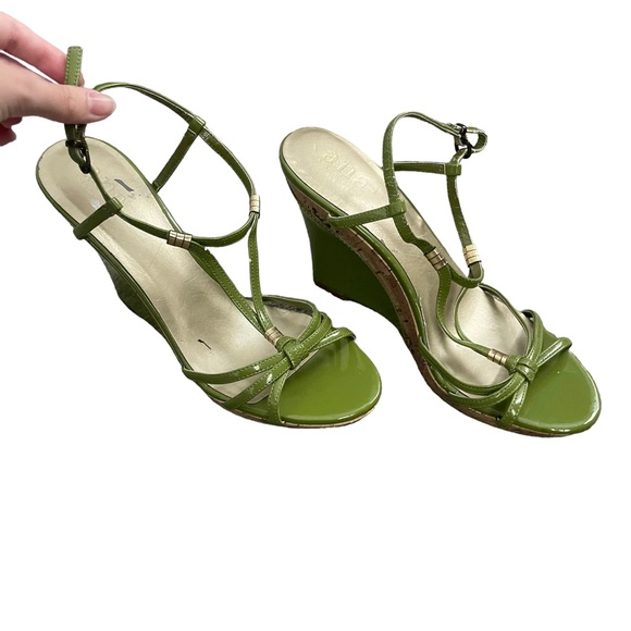 Ana Lime Green and Brown Color Block Summer Ankle Strap High Heel Wedge Sandals - Picture 15 of 15
